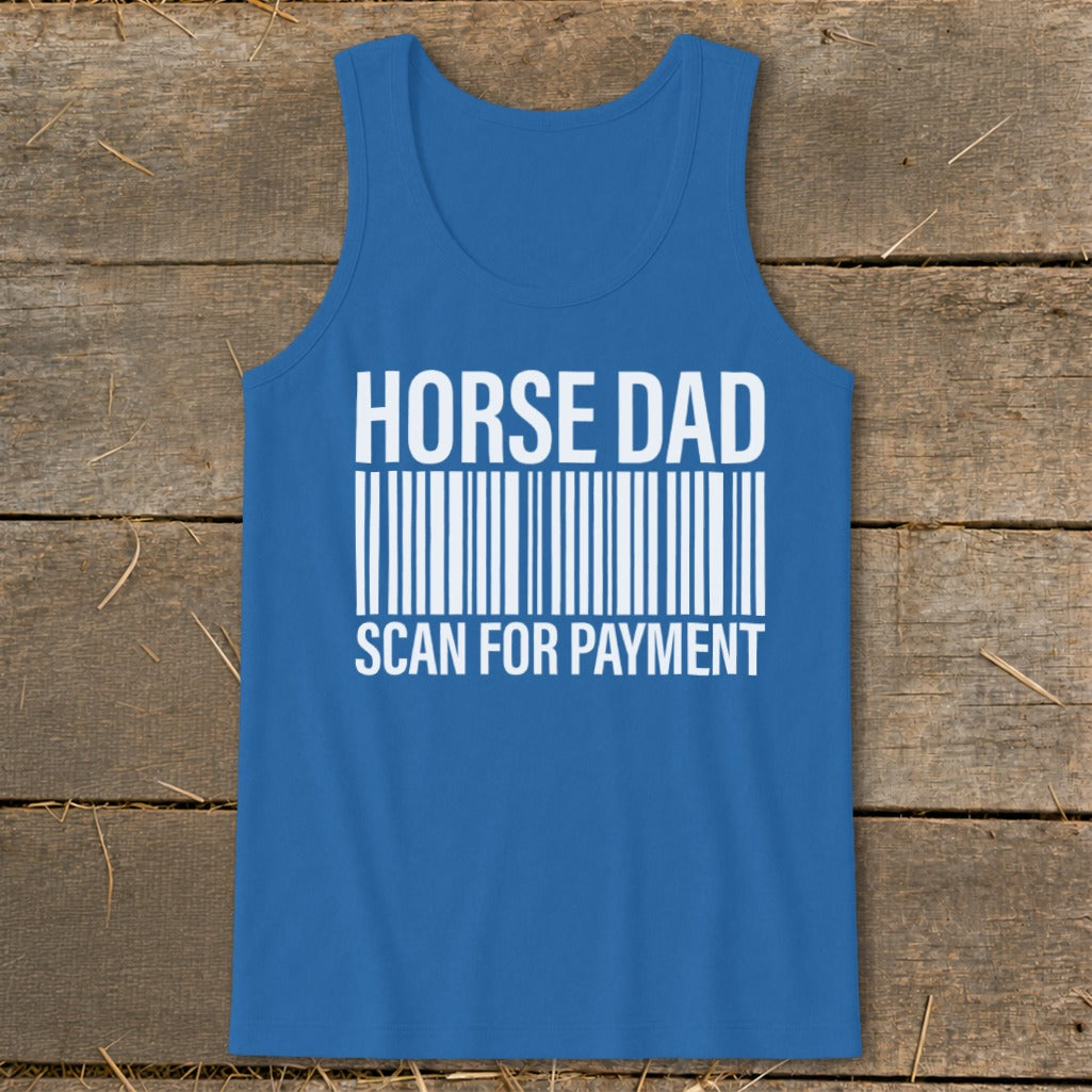 Blue tank top with "HORSE DAD SCAN FOR PAYMENT" text and barcode graphic.