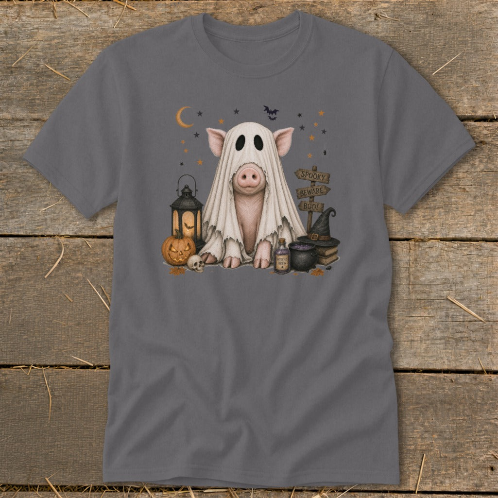 Pig dressed as a ghost with Halloween decorations and spooky signs.
