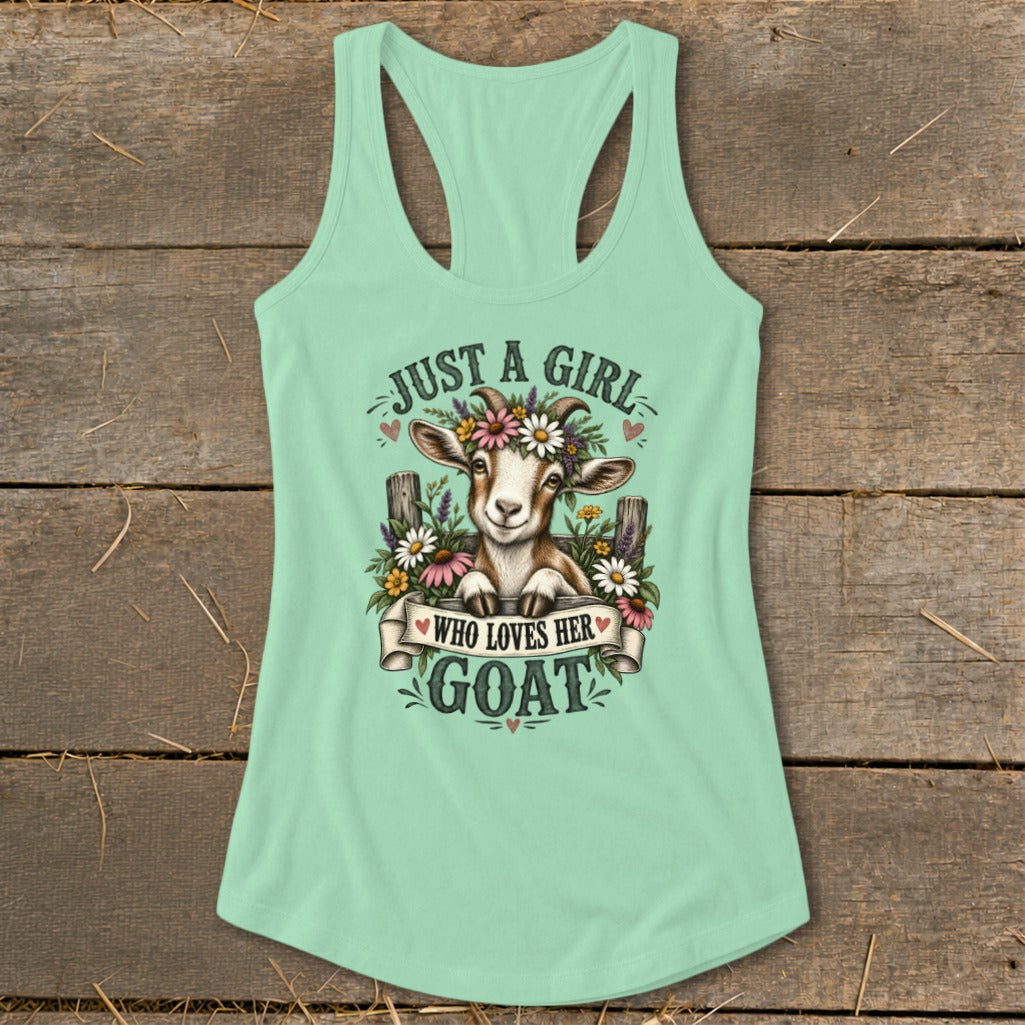 Mint tank top with a goat wearing a flower crown and the text "Just a girl who loves her goat."