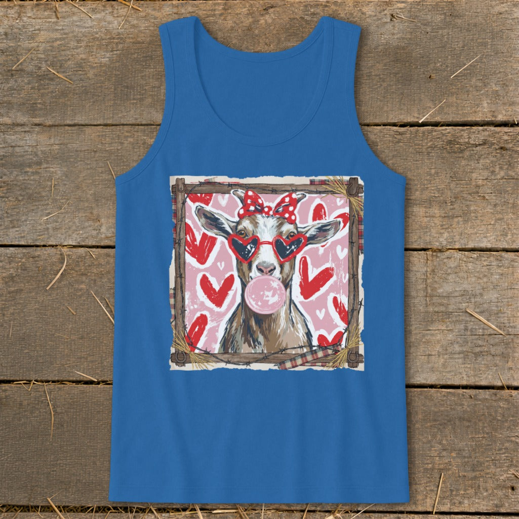 Blue tank top with a goat blowing a bubblegum bubble wearing heart sunglasses.