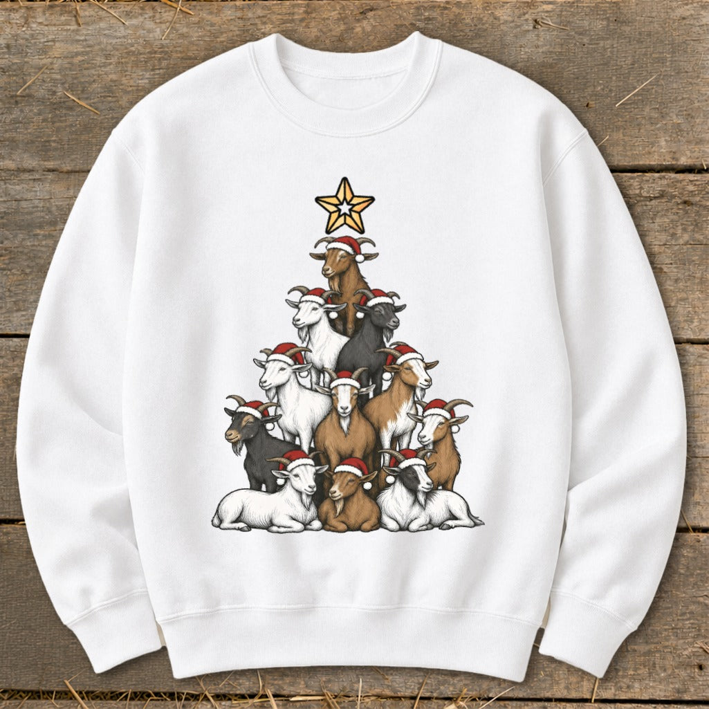 White sweatshirt with a Christmas tree made of goats wearing Santa hats.