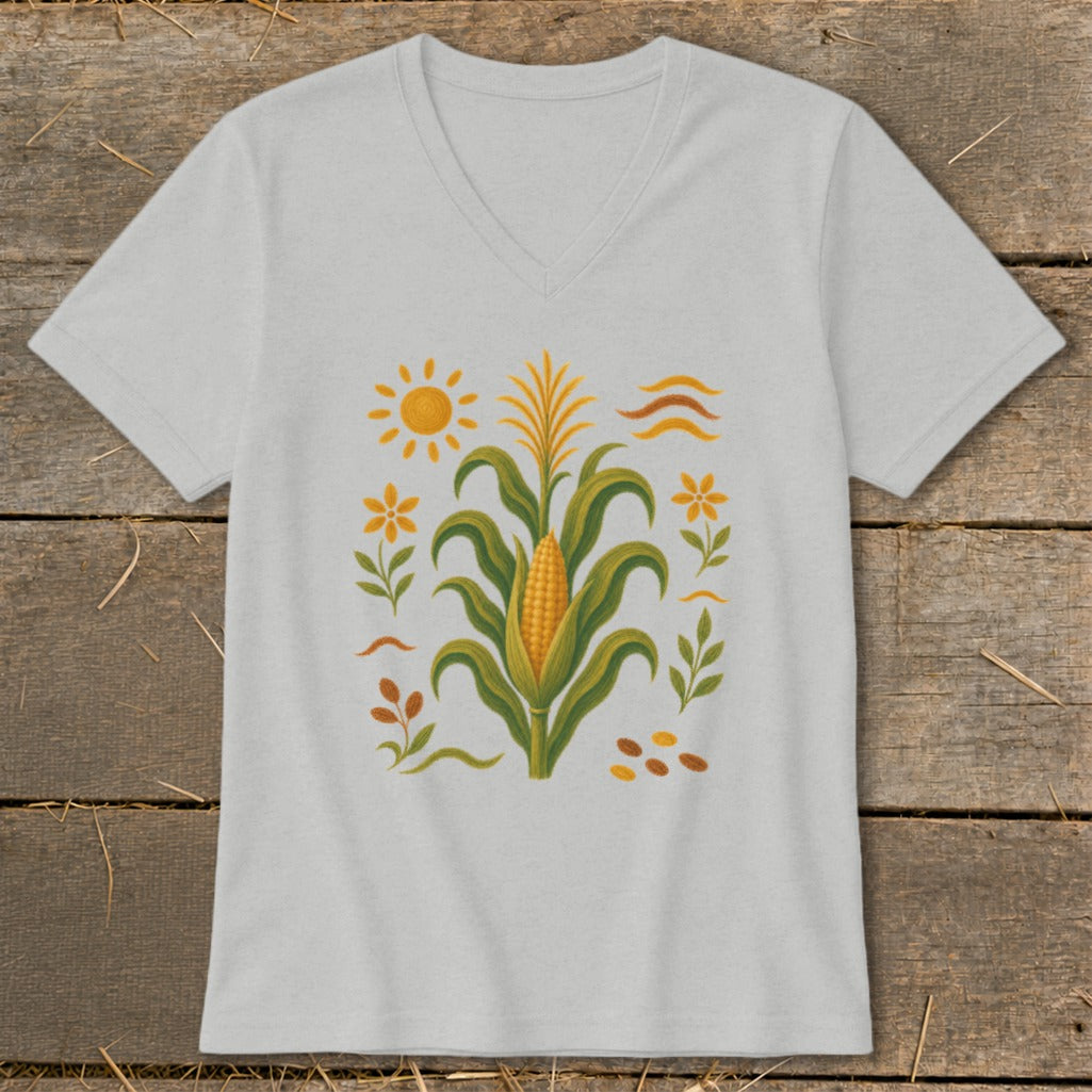 Light gray v-neck t-shirt with a corn stalk, sun, flowers, and leaves graphic.