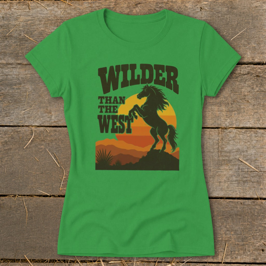 Green t-shirt with silhouette of horse rearing, "Wilder Than The West" text.