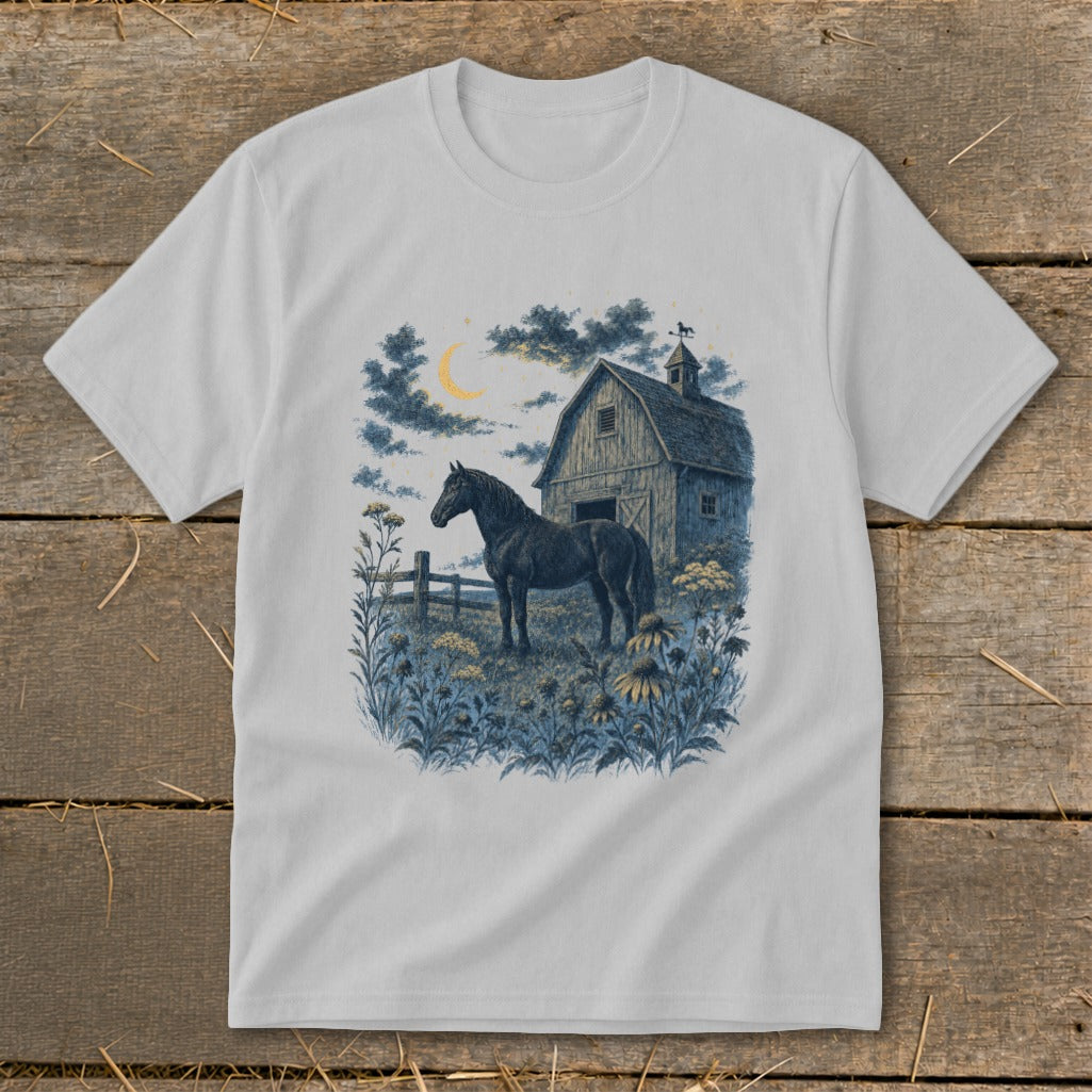 Black horse standing in a field at night with a barn and moon.