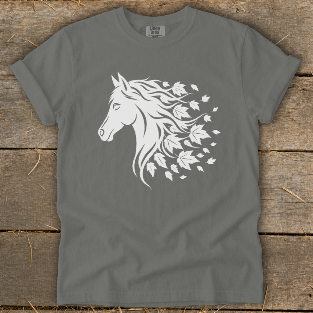 Grey t-shirt with white horse head and flowing mane made of leaves.