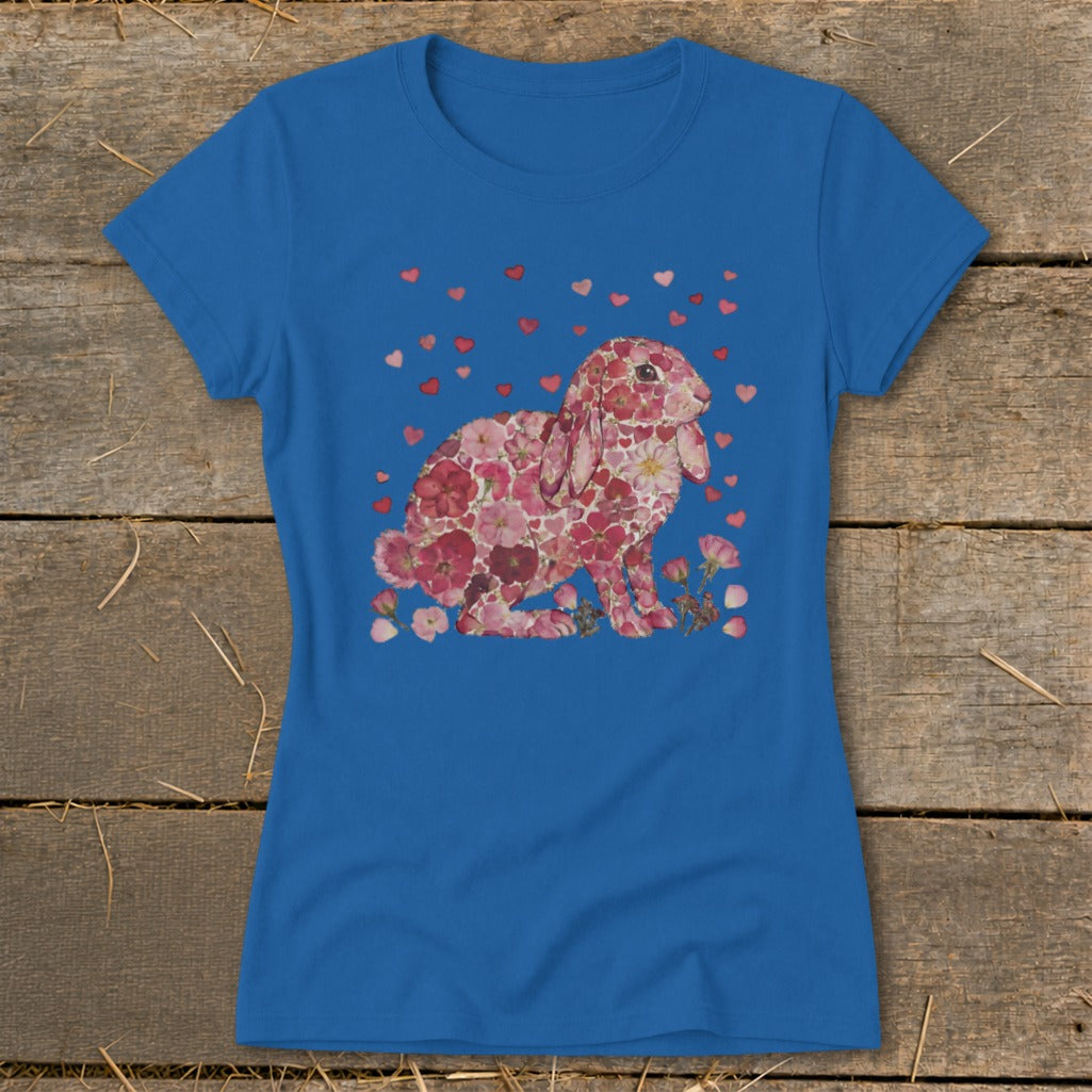 Blue t-shirt with a bunny made of pink flowers and small red hearts.
