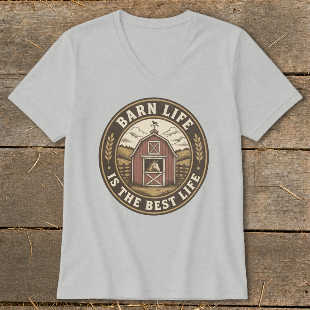 Barn life is the best life circular graphic with red barn and horse.
