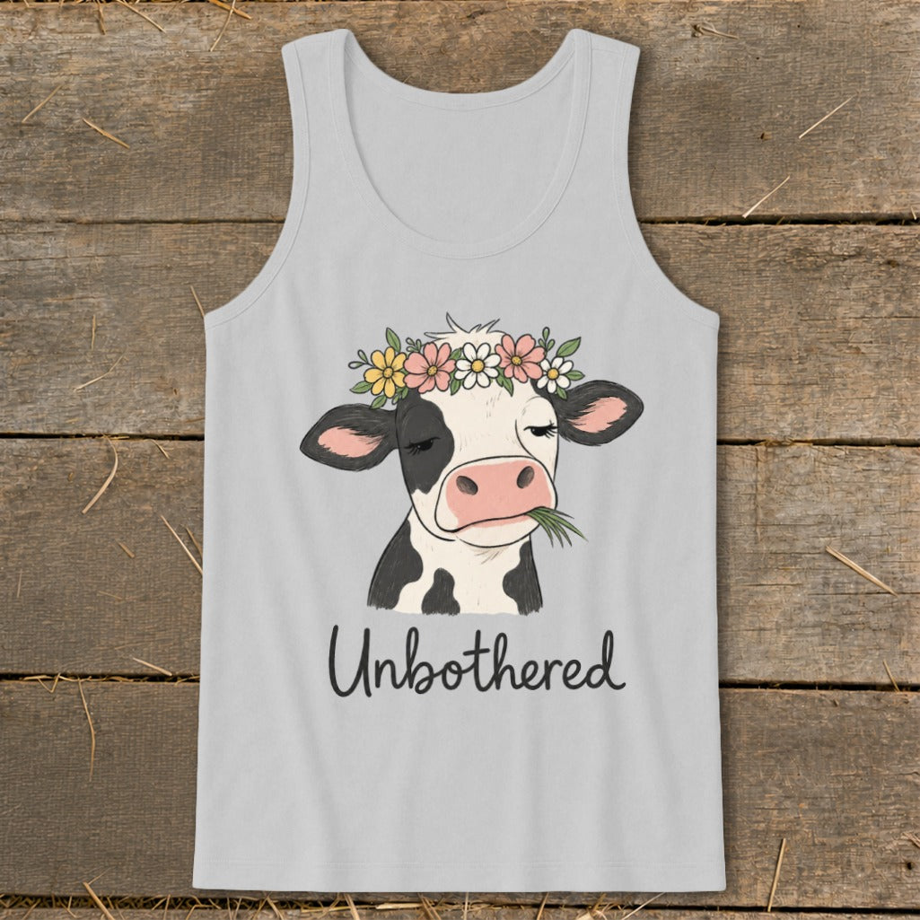 Cow wearing flower crown eating grass with "Unbothered" text.