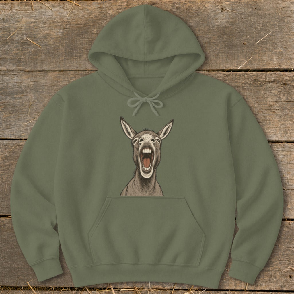 Green hoodie with a drawing of a donkey with its mouth wide open.