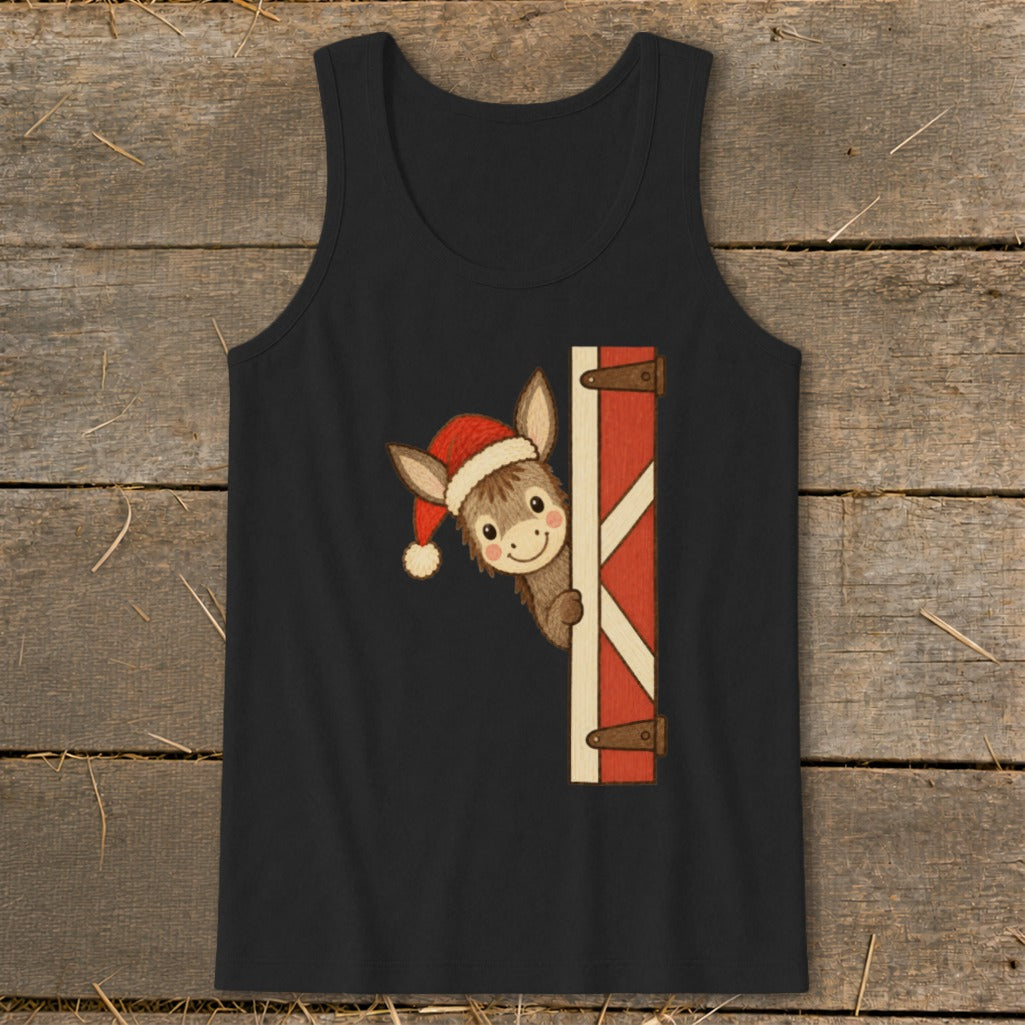 Christmas donkey peeking from behind a red and white barn door on a black tank top.