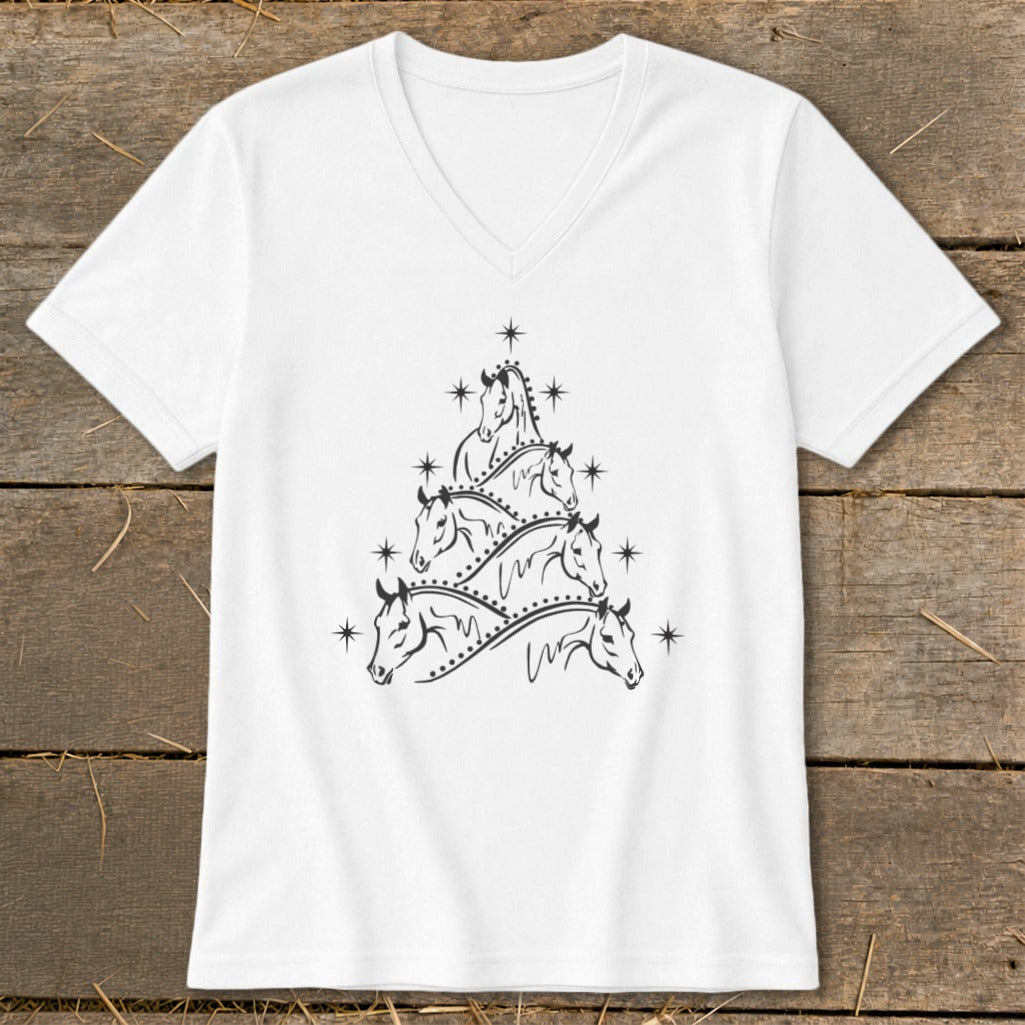 White t-shirt with a black graphic of horses arranged as a Christmas tree.