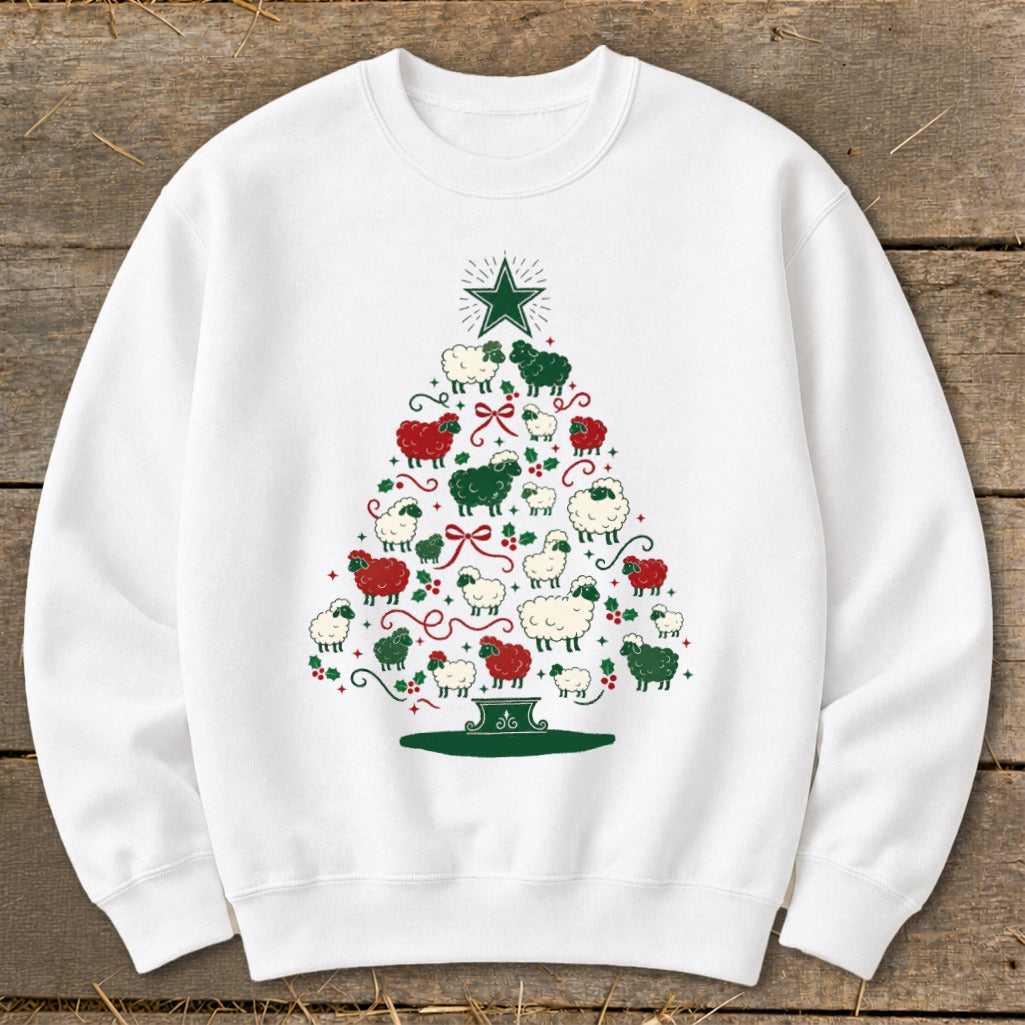 White sweatshirt with a Christmas tree made of sheep and festive accents.