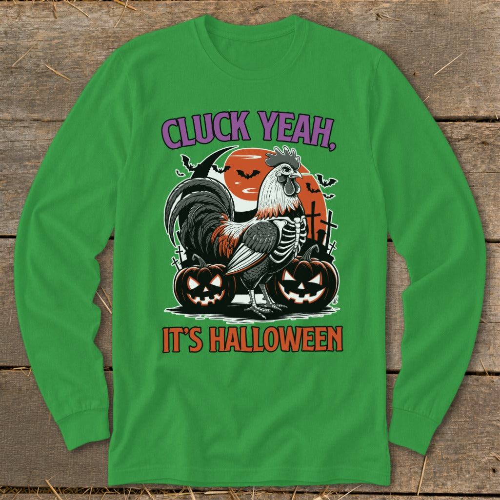 Rooster skeleton graphic with pumpkins and bats, text "Cluck Yeah, It's Halloween."