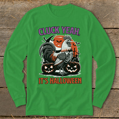 Rooster skeleton graphic with pumpkins and bats, text "Cluck Yeah, It's Halloween."