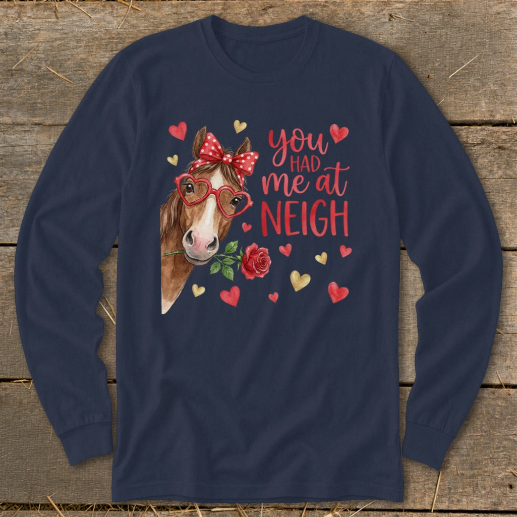 Horse with rose and heart glasses, "you had me at neigh" text, Valentine's theme.