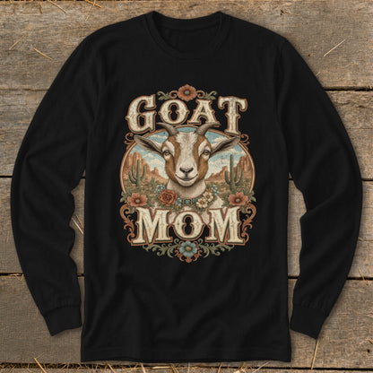 Goat Mom graphic on black long sleeve shirt with desert scene and flowers.