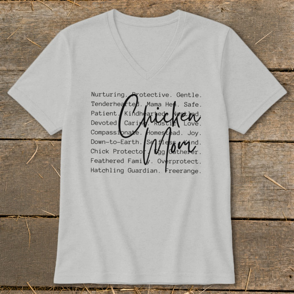 Grey v-neck t-shirt with "Chicken Mom" and descriptive words.