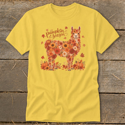 Yellow t-shirt featuring a floral llama with pumpkins and "pumpkin season" text.