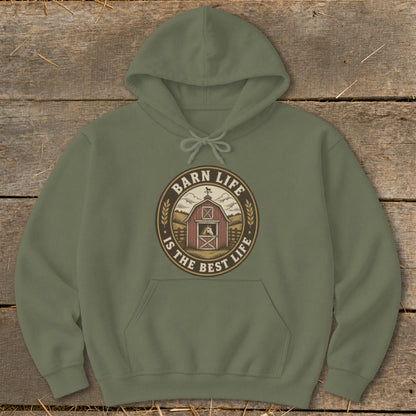 Olive green hoodie with circular "Barn Life is the Best Life" graphic.