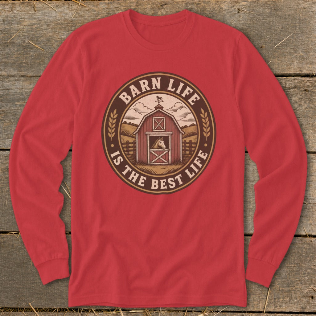 Red long-sleeved shirt with a circular graphic of a barn, horse, and the text "Barn Life Is The Best Life".