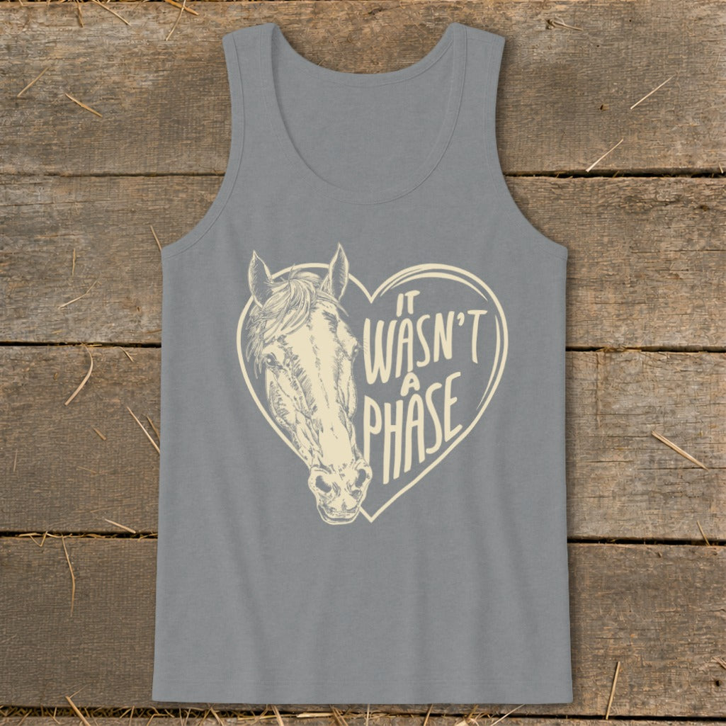 Tank top with horse head inside heart graphic that reads "It Wasn't A Phase".