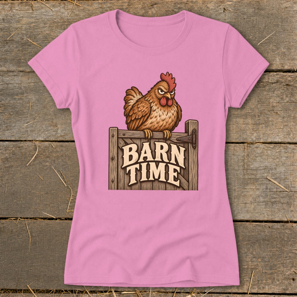 Pink t-shirt with a grumpy chicken sitting on a wooden sign that reads "BARN TIME".