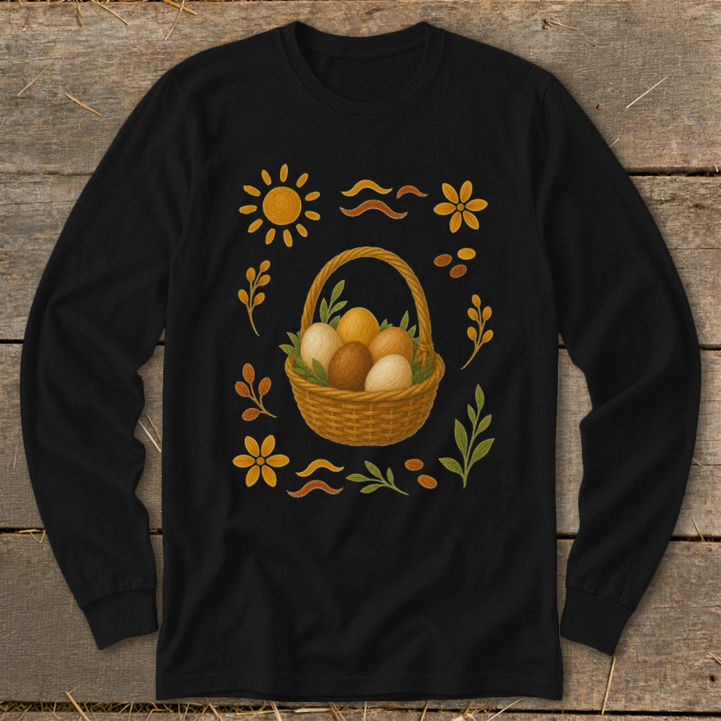 Black long-sleeve shirt with a basket of eggs, sun, flowers, and leaves graphic.