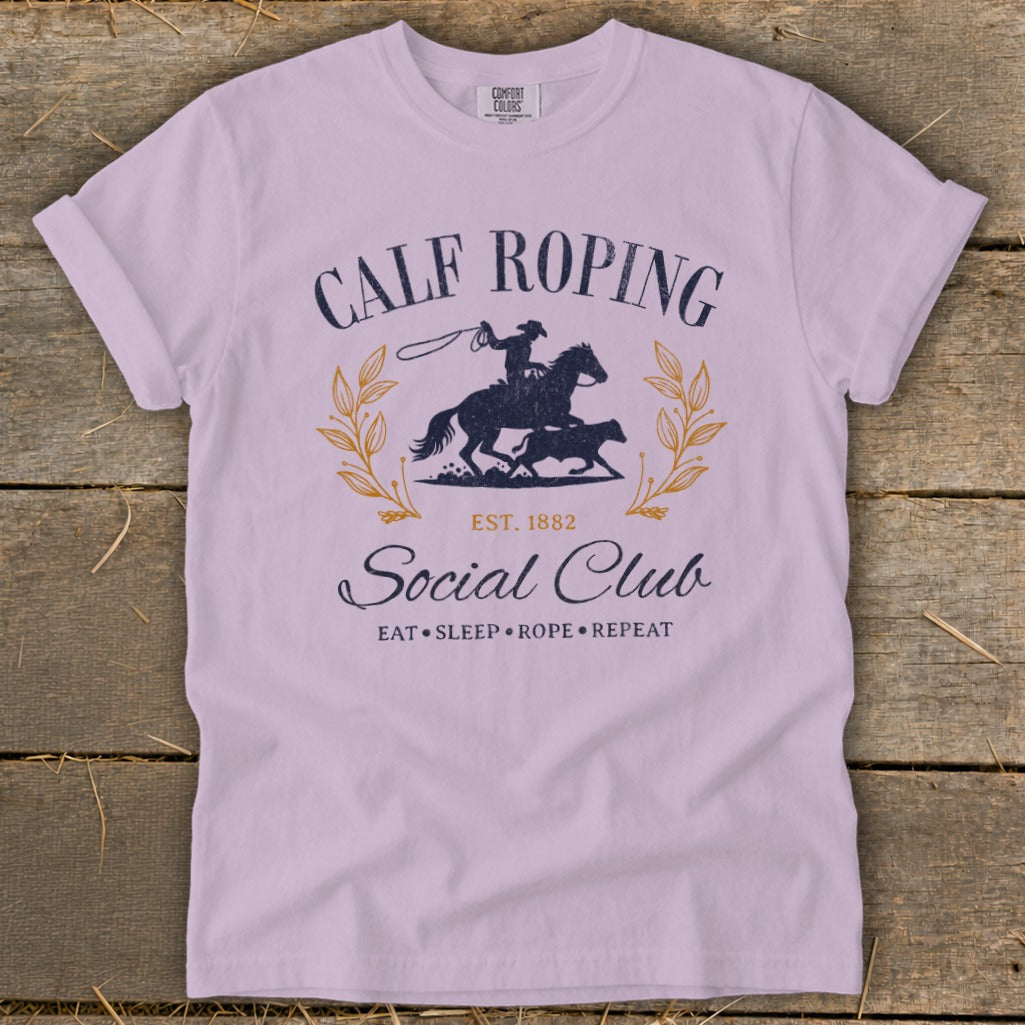 Calf Roping Social Club t-shirt with rodeo graphics and text.