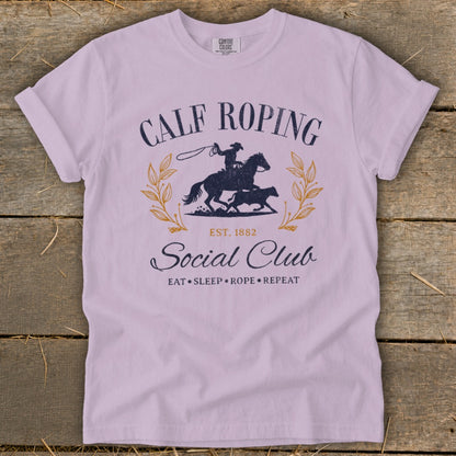 Calf Roping Social Club t-shirt with rodeo graphics and text.