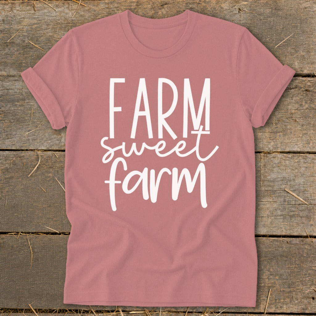 Rose t-shirt with "FARM sweet farm" text in white.