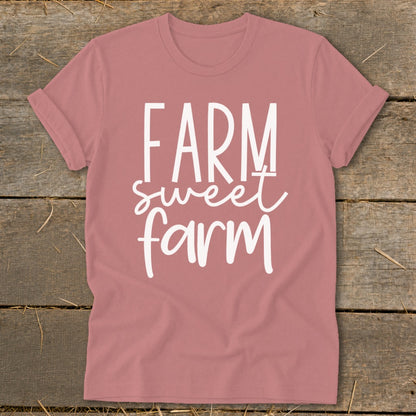 Rose t-shirt with "FARM sweet farm" text in white.