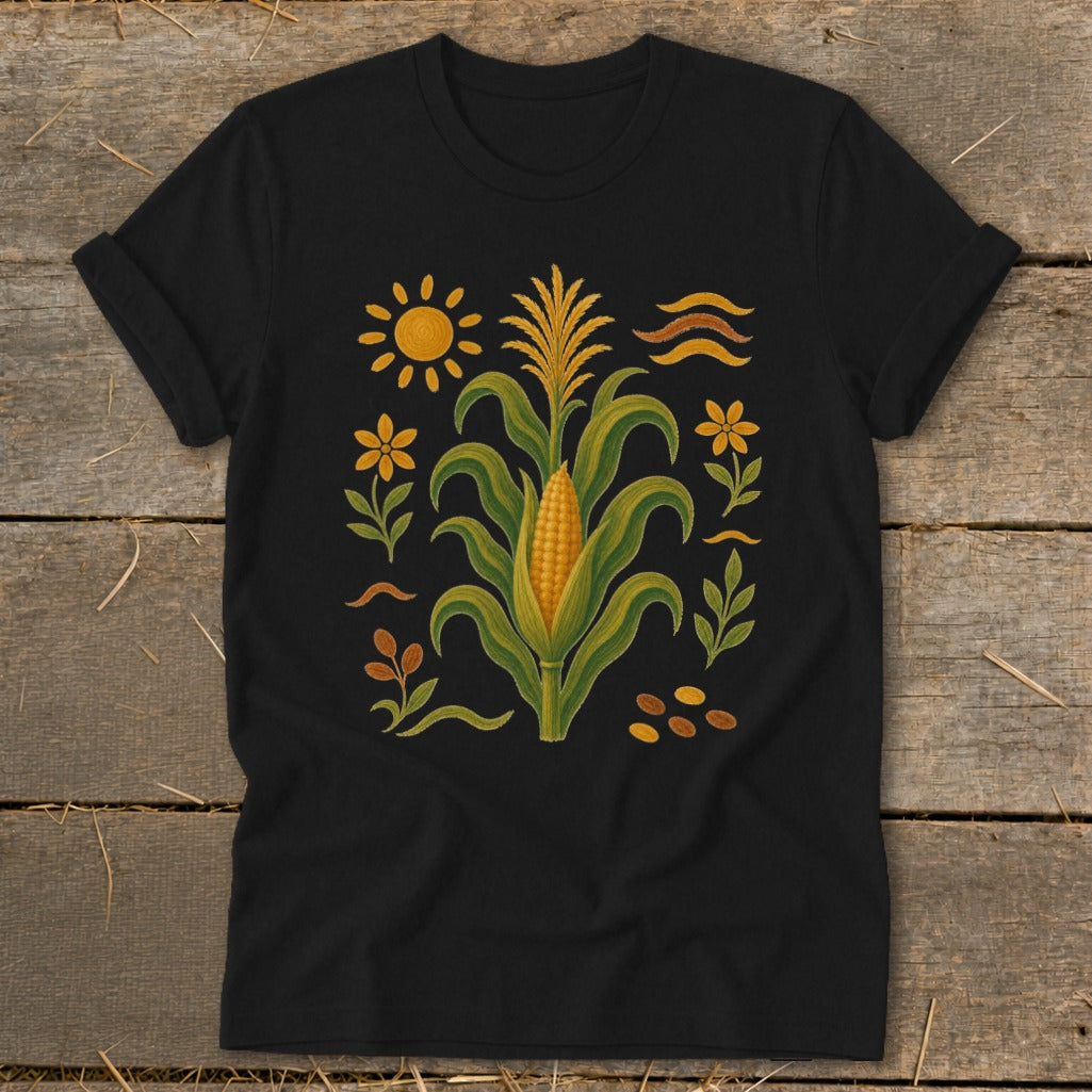 Black t-shirt with a central corn stalk and surrounding floral, sun, and wavy line design.