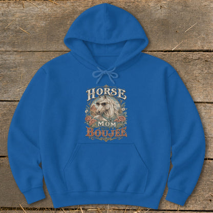 Royal blue hoodie with "Horse Mom Boujee" text and horse graphic.