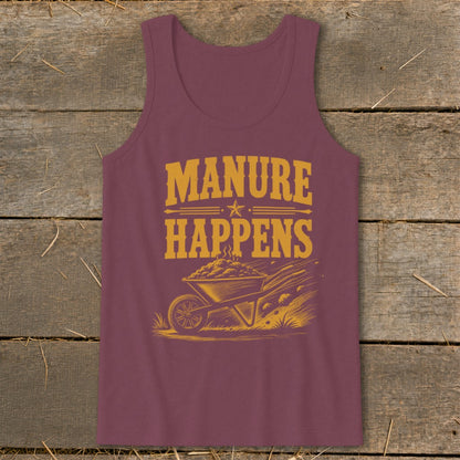 Maroon tank top with "MANURE HAPPENS" text and wheelbarrow graphic.