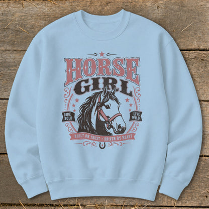 Light blue sweatshirt with "Horse Girl" text and horse head graphic.