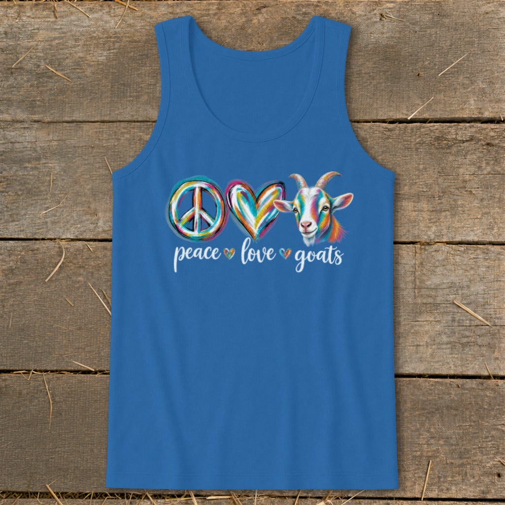 Blue tank top with "Peace Love Goats" and a colorful goat illustration.