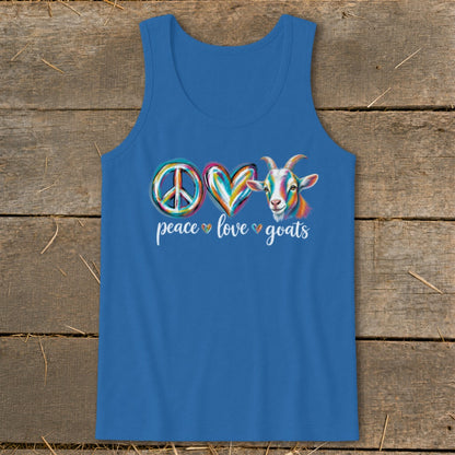 Blue tank top with "Peace Love Goats" and a colorful goat illustration.