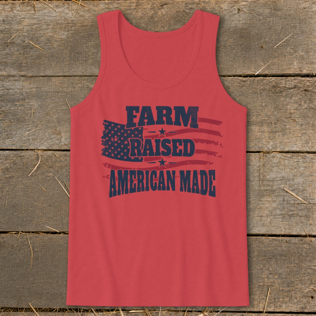 Red tank top with distressed American flag and text "FARM RAISED AMERICAN MADE".