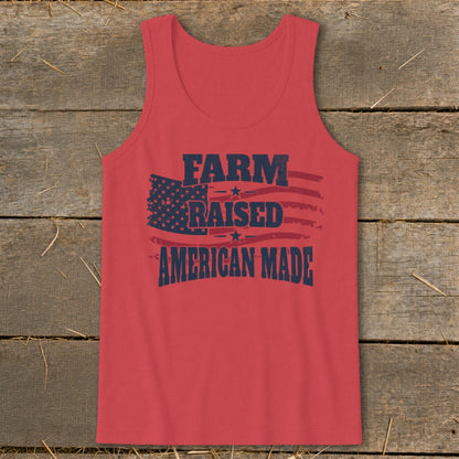 Red tank top with distressed American flag and text "FARM RAISED AMERICAN MADE".