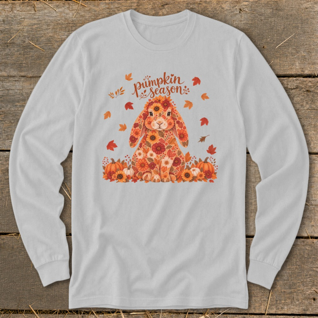 Floral bunny with pumpkins and autumn leaves, says "pumpkin season."