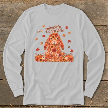 Floral bunny with pumpkins and autumn leaves, says "pumpkin season."