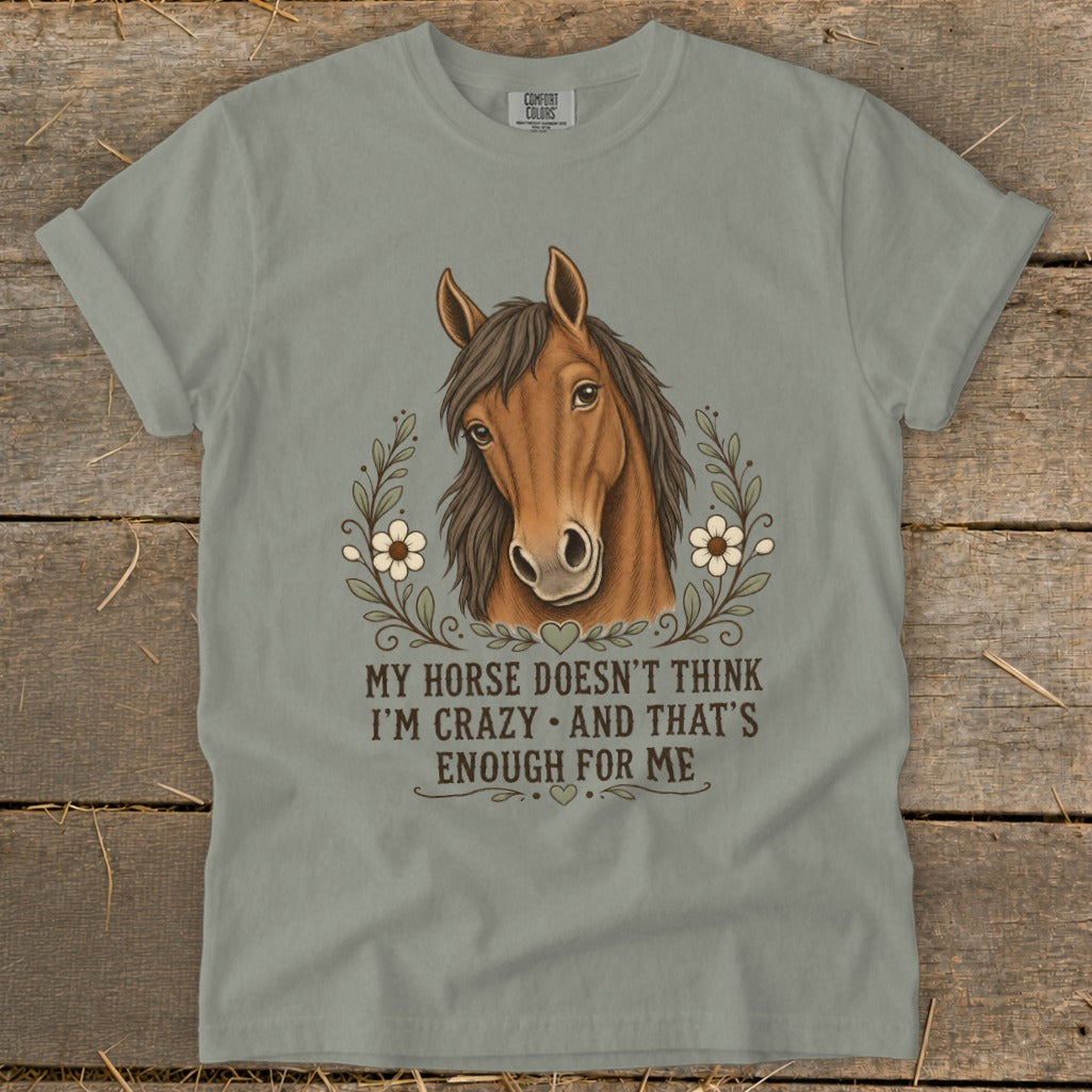T-shirt with horse illustration and text: "MY HORSE DOESN'T THINK I'M CRAZY AND THAT'S ENOUGH FOR ME".