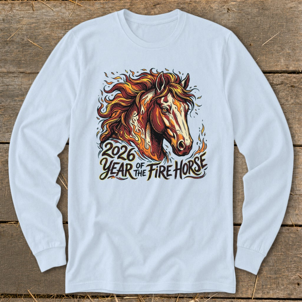 Long sleeve shirt with 2026 Year of the Fire Horse graphic.