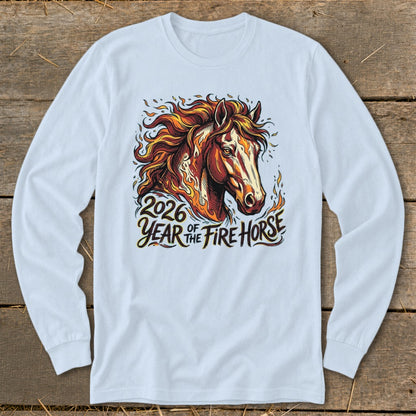 Long sleeve shirt with 2026 Year of the Fire Horse graphic.