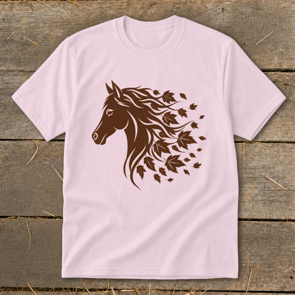 Pink t-shirt with brown horse head graphic adorned with falling maple leaves.