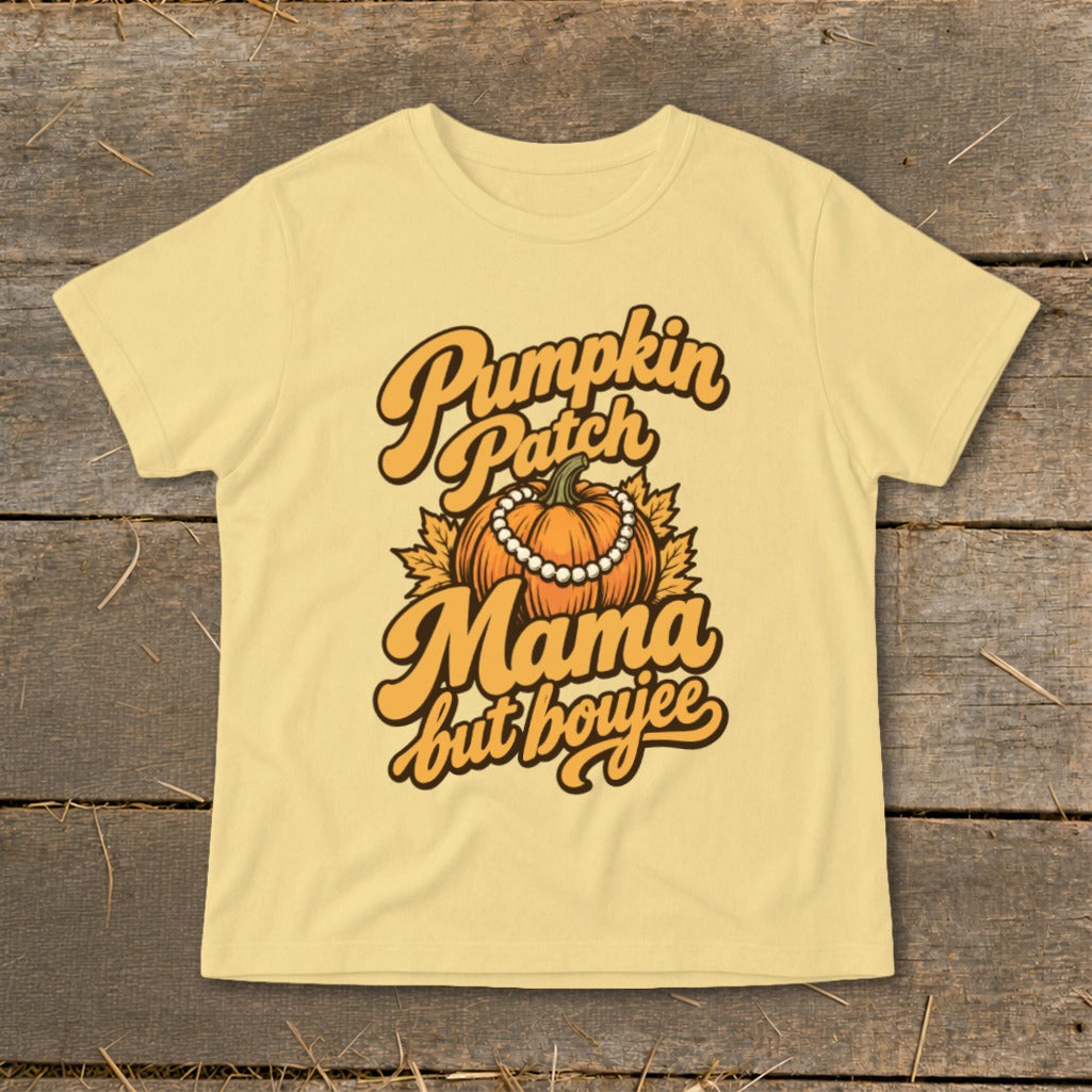 Yellow t-shirt with "Pumpkin Patch Mama but boujee" text and pumpkin graphic.