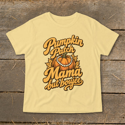 Yellow t-shirt with "Pumpkin Patch Mama but boujee" text and pumpkin graphic.