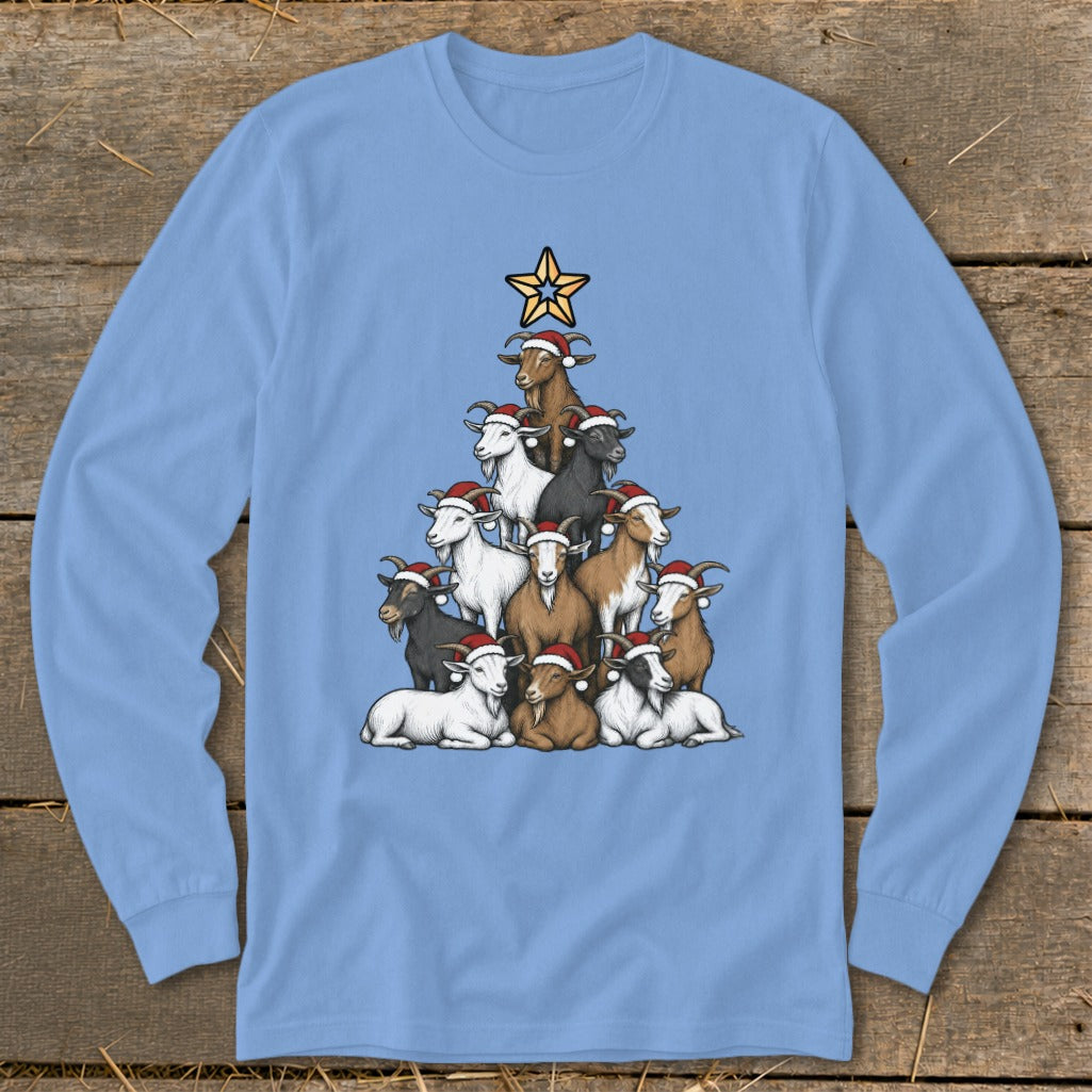 Christmas tree formed by goats wearing Santa hats, topped with a star.