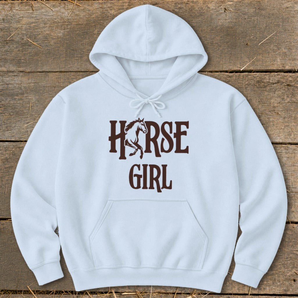 Light blue hoodie with dark brown "HORSE GIRL" text and horse graphic.