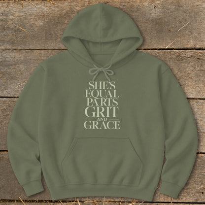 Olive green hoodie with "She's Equal Parts Grit and Grace" text.